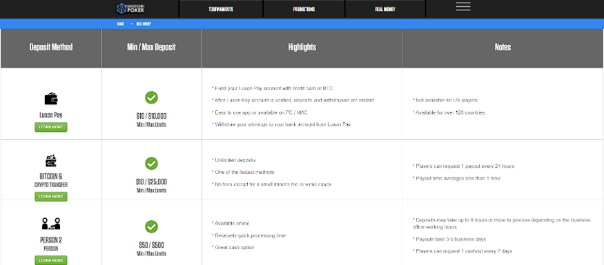 BlackChip deposit methods in cashier