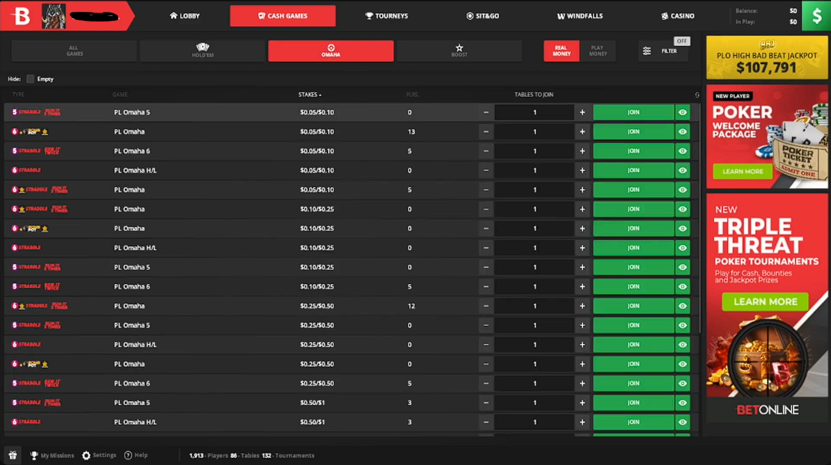 BetOnline lobby overview